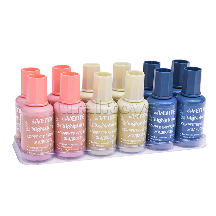 Корректирующая жидкость "SigNATURE" 20 мл, быстросохнущая, в бутылочке с кисточкой, цвета корпуса ассорти (оливковый, пудрово-розовый, сумеречный синий), в пластиковом поддоне