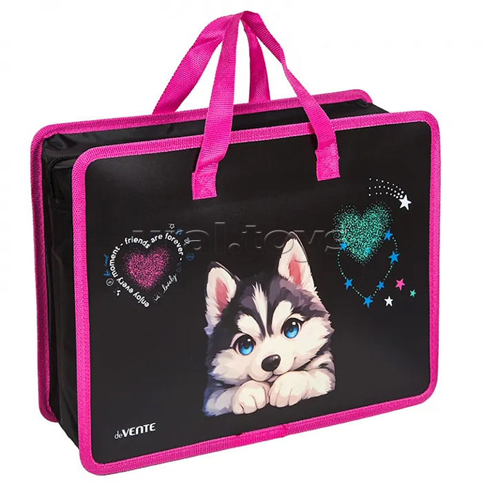 Папка для тетрадей, ИЗО и технологии "Cute Husky" A4 (33,5x26x10 см) с текстильным расширением 10 см, на молнии сверху, пластик 400 мкм, текстильные ручки, в пластиковом пакете Папка для тетрадей, ИЗО и технологии "Cute Husky" A4 (33,5x26x10 см) с текстильным расширением 10 см, на молнии сверху, пластик 400 мкм, текстильные ручки, в пластиковом пакете