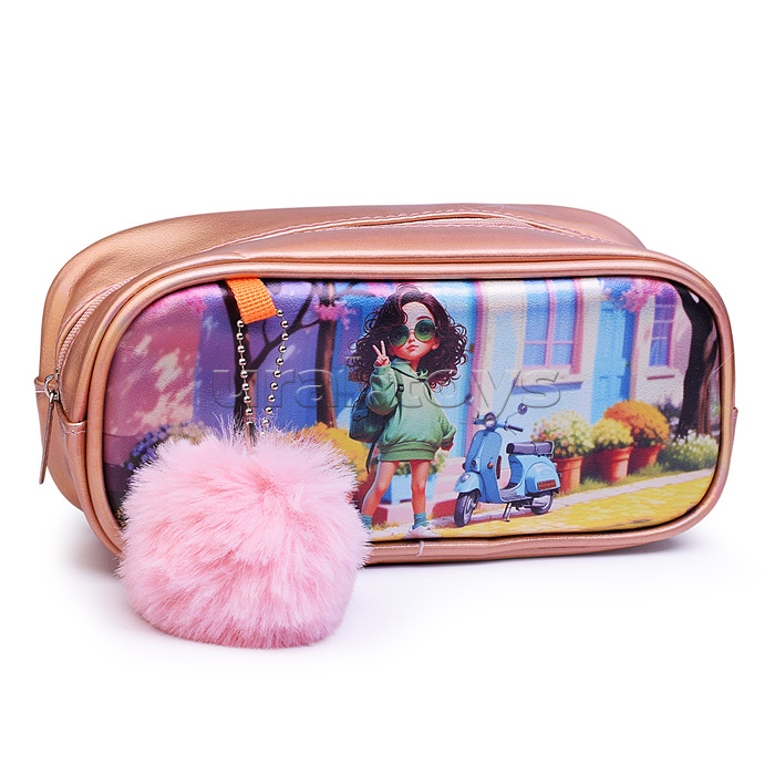 Пенал "Chic City Girls" 22,5x10,5x6,5 см, антивандальная перламутровая искусственная кожа до -40C, отделение на молнии, овальный для 100 предметов, декоративный подвес в виде мехового помпона, десертный