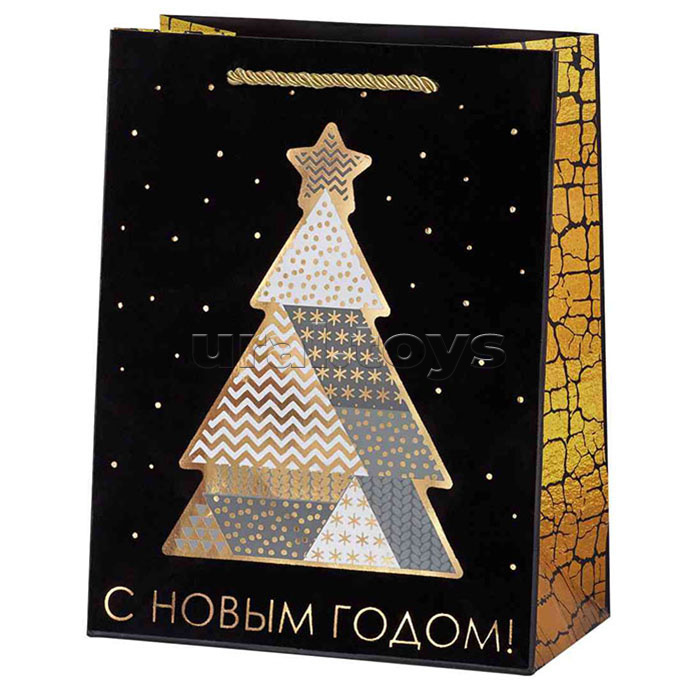 Бумажный пакет "Золотая звезда" золотым тиснением, флокированием (черный цвет), с ламинацией, с шириной основания 17,8 см, плотность бумаги 210 г/м2  для сувенирной продукции / 17.8x22.9x9.8см.