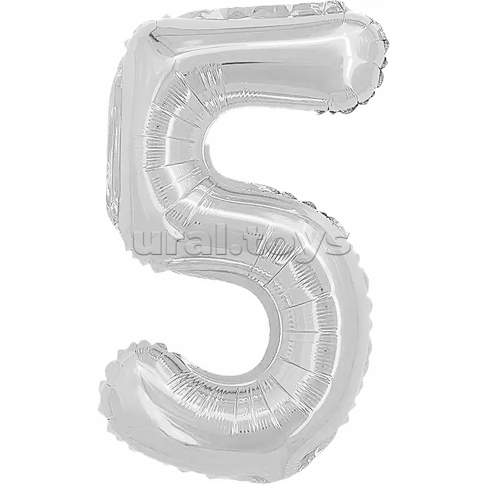 Шар с клапаном (16''/41 см) Мини-цифра, 5, Серебро, Металлик, 1 шт.