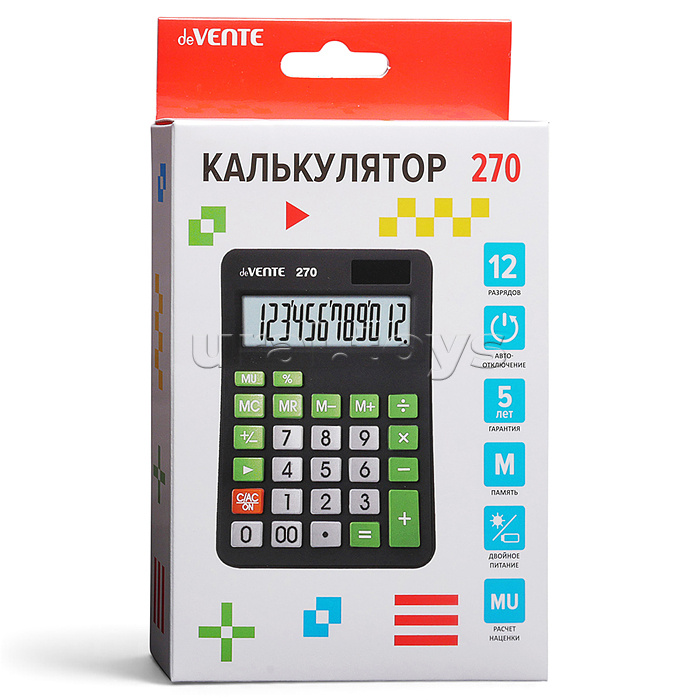 Калькулятор настольный 270, 106x150x28 мм, 12 разрядный, черный с контрастными кнопками, в картонной коробке