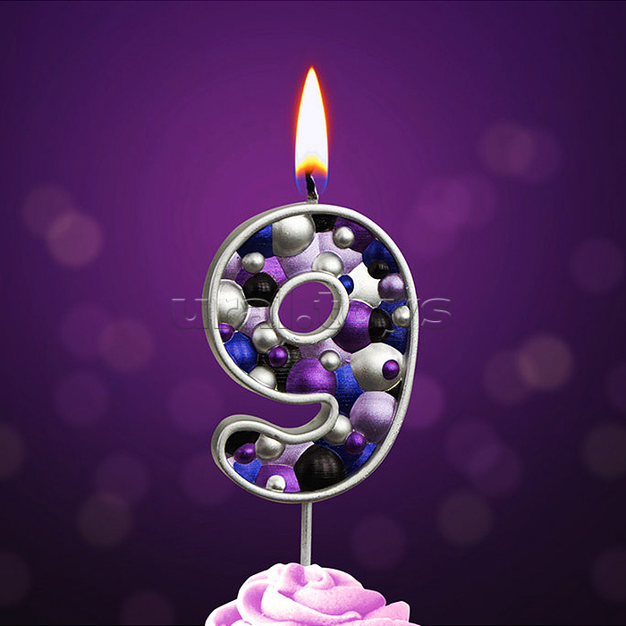 Свеча Цифра, 9 Пузырьки, на шпажке, Сиреневый, Металлик, 4*5,5 + 4 см, 1 шт. с держат.