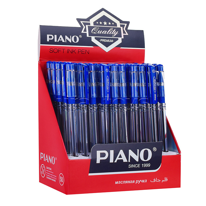 Ручка шариковая: на масляной основе: "Piano";  пластиковый прозрачный корпус, резиновый держатель, прозрачный колпачок с цветным клипом, цвет чернил синий, 0,7 mm.
