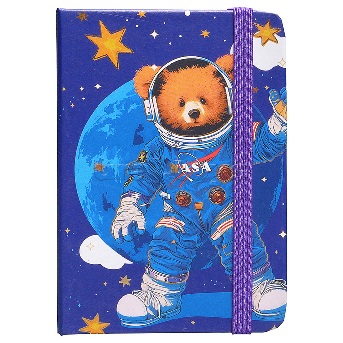 Блокнот А7 80л. "Медведь в космосе" в линейку в твердом переплете, на резинке, 77г/м2, цвет в ассортименте (красный, синий, черный, голубой), в дисплее