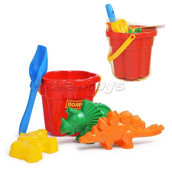 Набор №318: ведро-цветок среднее №3, лопатка №5, формочки (мамонт + динозавр №1 + динозавр №2)