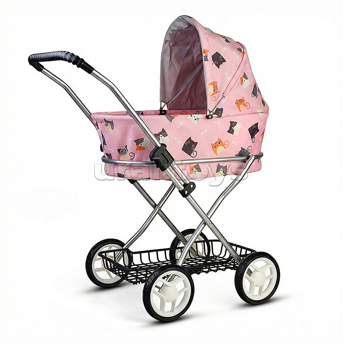 Коляская кукольная прогулочная,металлическая, складная, с корзиной и сумкой, принт коты