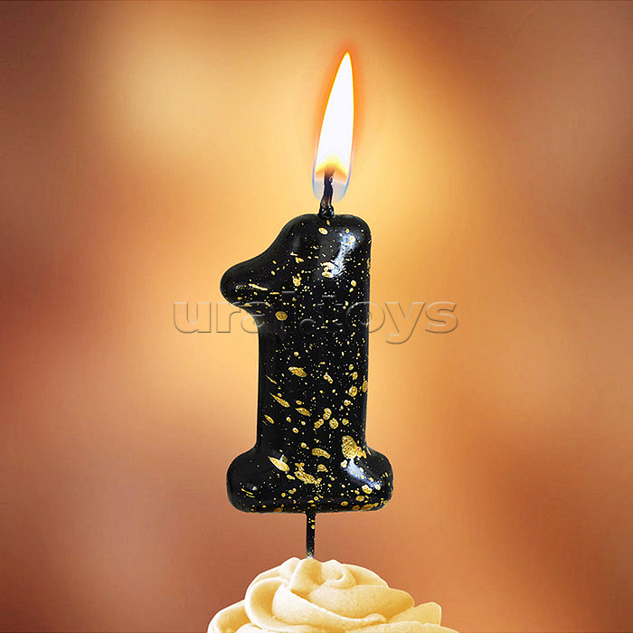 Свеча Цифра, 1 Золотые брызги, на шпажке, Черный, Металлик, 4,3 + 5,2 см, 1 шт. с держат.
