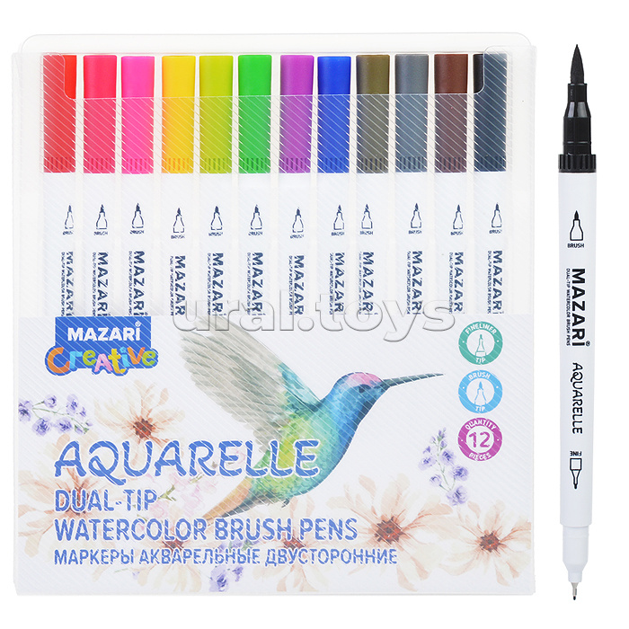 Набор маркеров акварельных, двусторонние, Aquarelle, 12 цветов, наконечники: кисть и файнлайнер, пластиковый корпус, ПВХ- упаковка с европодвесом