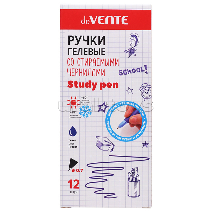 Ручка гелевая стираемая "Study Pen. School" d=0,7 мм, корпус ассорти 3 цвета с покрытием Velvet Touch, с эргономичным каучуковым держателем, с 2-мя ластиками (в колпачке и на конце корпуса) сменный стержень, индивидуальная маркировка, синяя