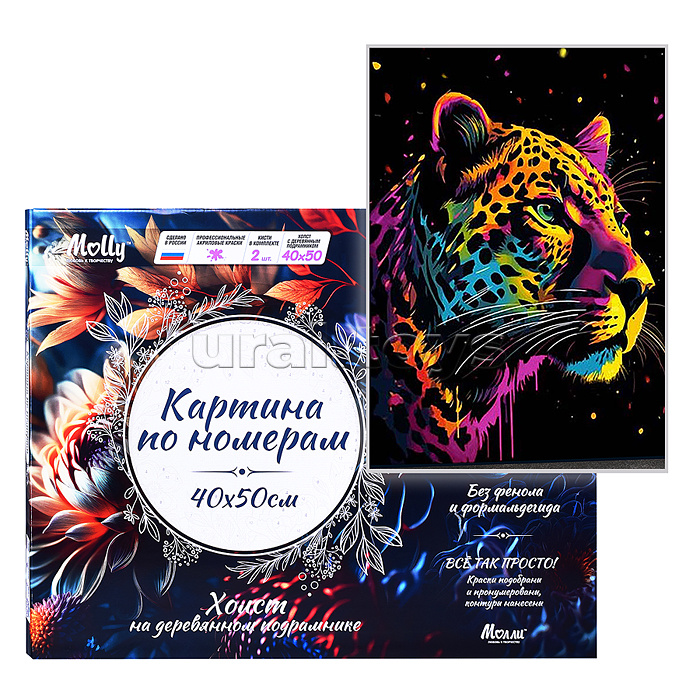 Картина по номерам 40х50 "Красочный леопард" черный холст (16 цветов)