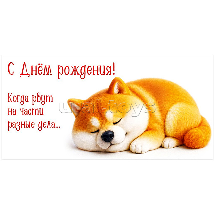 Конверт для денег "С Днём рождения! Когда рвут на части разные дела..." (спящая собачка)