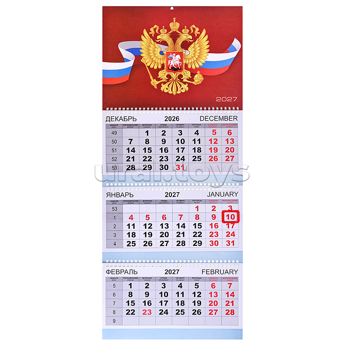 Календарь квартальный на 2027 г. "Герб на красном фоне" (295x700 мм) на 3-х пружинах
