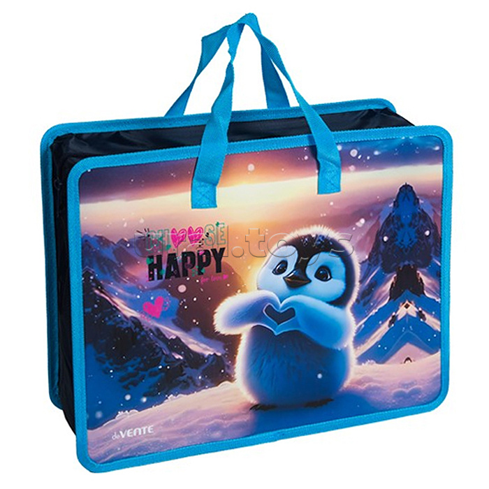 Папка для тетрадей, ИЗО и технологии "Happy Pinguin" A4 (33,5x26x10 см) с текстильным расширением 10 см, на молнии сверху, пластик 400 мкм, текстильные ручки, в пластиковом пакете Папка для тетрадей, ИЗО и технологии "Happy Pinguin" A4 (33,5x26x10 см) с текстильным расширением 10 см, на молнии сверху, пластик 400 мкм, текстильные ручки, в пластиковом пакете