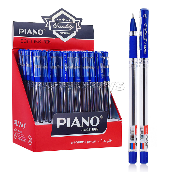 Ручка шариковая: на масляной основе: "Piano";  пластиковый прозрачный корпус, резиновый держатель, прозрачный колпачок с цветным клипом, цвет чернил синий, 0,7 mm.
