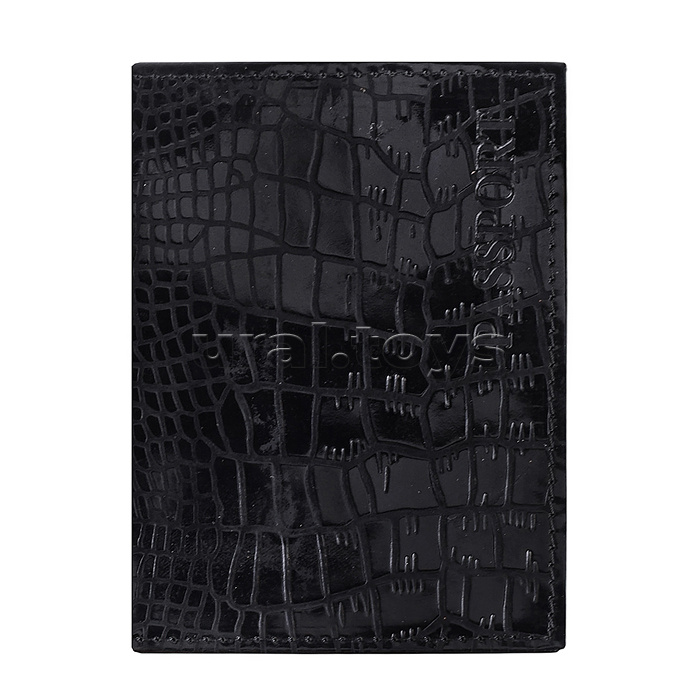 Обложка для паспорта "Attomex" 97x140 мм натуральная кожа шик под кожу крокодила, прозрачные ПВХ клапаны с 3-мя отделами для карт, черная
