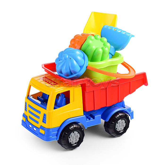 Набор №185: "Мираж", автомобиль-самосвал + ведро-цветок среднее, лопатка №5, грабельки №5, 4 формочки