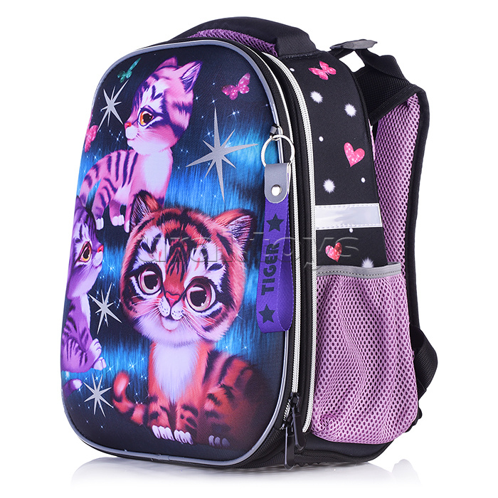 Рюкзак каркасный "Тигры и бабочки" формованный из полимеров, материал: нейлон, полиэстер, полноцветная печать, вышивка, аппликация. 2 отделения на молнии, 2 бегунка на каждой молнии, 2 боковых кармана, светоотражатели , жесткая эргономичная спинка;  широк