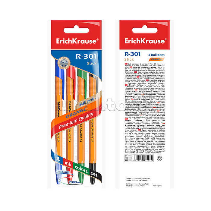 Ручка шариковая ErichKrause® R-301 Orange Stick 0.7, цвет чернил: синий, черный, красный, зеленый (в пакете по 4 шт.)