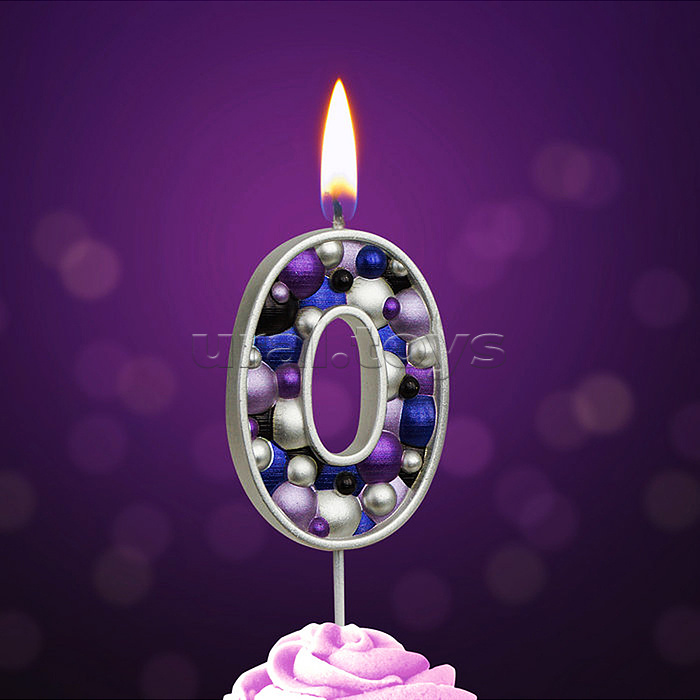 Свеча Цифра, 0 Пузырьки, на шпажке, Сиреневый, Металлик, 4*5,5 + 4 см, 1 шт. с держат.