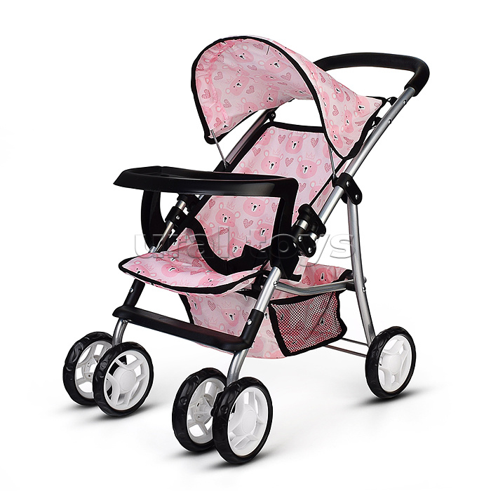 Коляская кукольная металлическая, со столиком, корзиной и козырьком, принт мишки