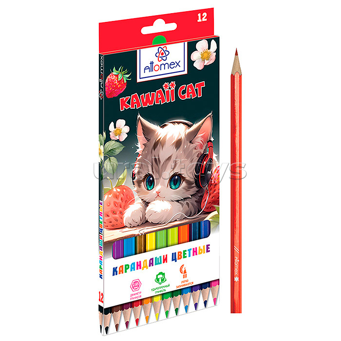 Карандаши цветные 12 цв. Attomex "Kawaii Cat" М, диаметр грифеля 2,65 мм, шестигранные, в картонной коробке