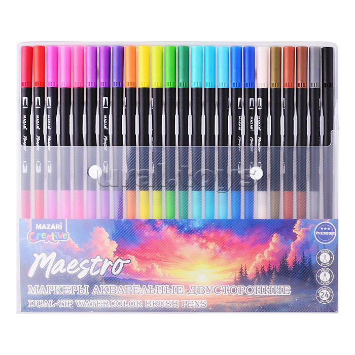 Набор маркеров акварельных, двусторонние, Maestro, 24 цвета, наконечники: кисть и файнлайнер, пластиковый корпус, ПВХ- упаковка с европодвесом