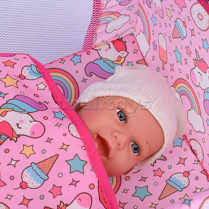 Набор аксессуаров для кукол (стульчик для кормления, манеж, переноска, сумка) единорожка в пакете