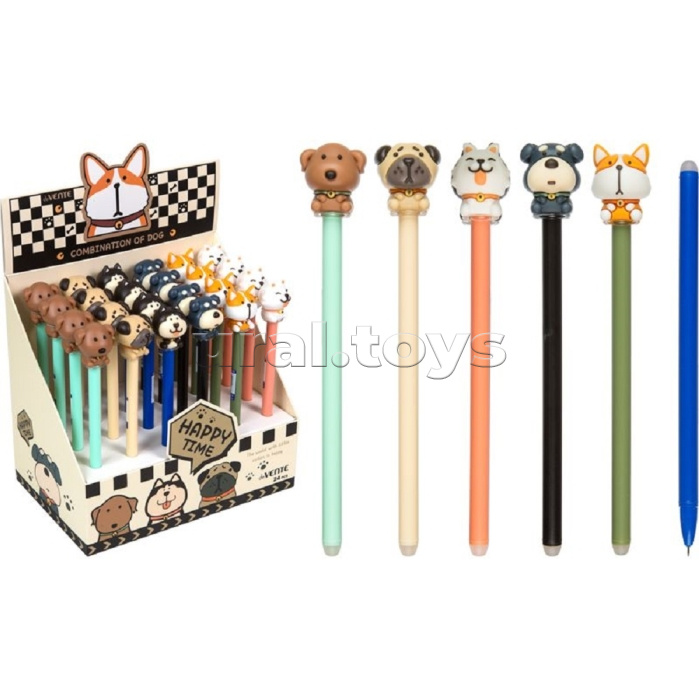 Ручка гелевая стираемая подарочная "Combination of Dogs" с декоративным элементом, d=0,5 мм, с ластиком, сменный стержень, индивидуальная маркировка, в картонном дисплее, синяя, ассорти 6 дизайнов