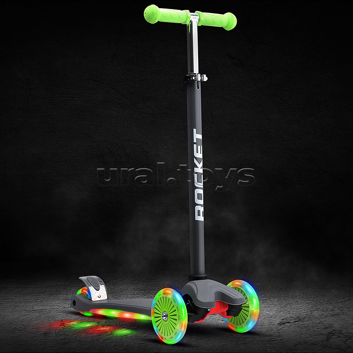 Самокат 3-х колесный ROCKET,колеса PU со светом, ABEC 7, серый