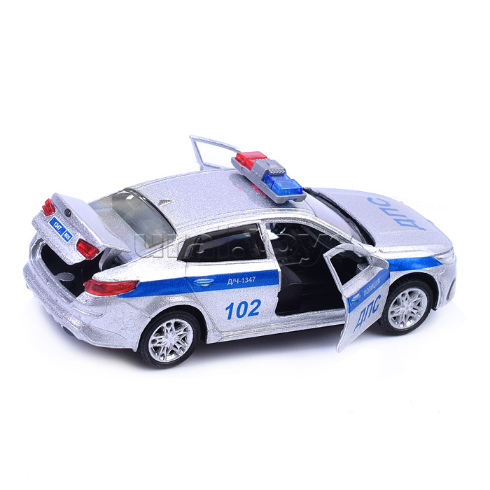 Машина металл Kia Optima полиция 12 см, двер, баг, инерц, серебристый, в коробке