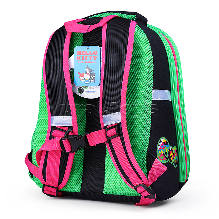 Рюкзак каркасный, Hello Kitty Neon формованный из полимеров, материал: нейлон, полиэстер, полноцветная печат, 2 отделения на молнии, 2 бегунка на каждой молнии, 1 вместительный боковой карман, светоотражатели , жесткая эргономичная спинка;  широкие, регул
