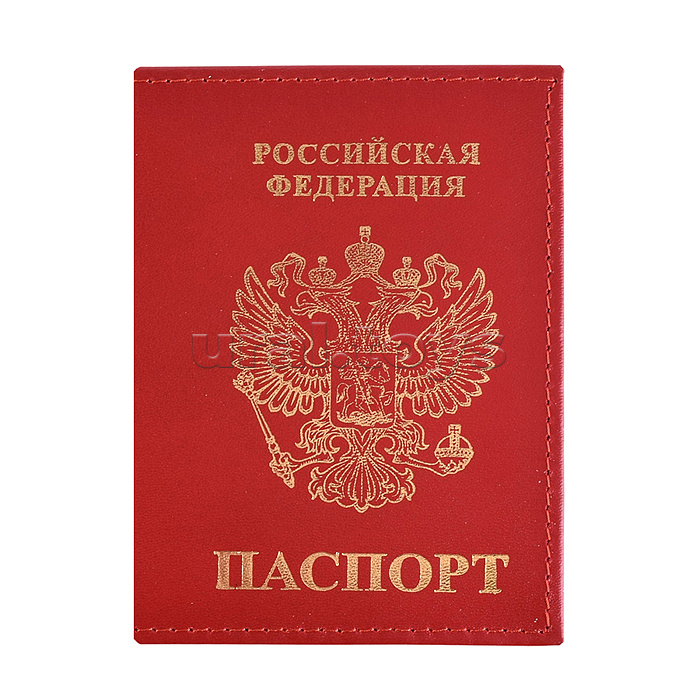Обложка для паспорта "Attomex" 97x140 мм натуральная кожа шик гладкая с золотистым тиснением герб РФ, прозрачные ПВХ клапаны с 3-мя отделами для карт, красная