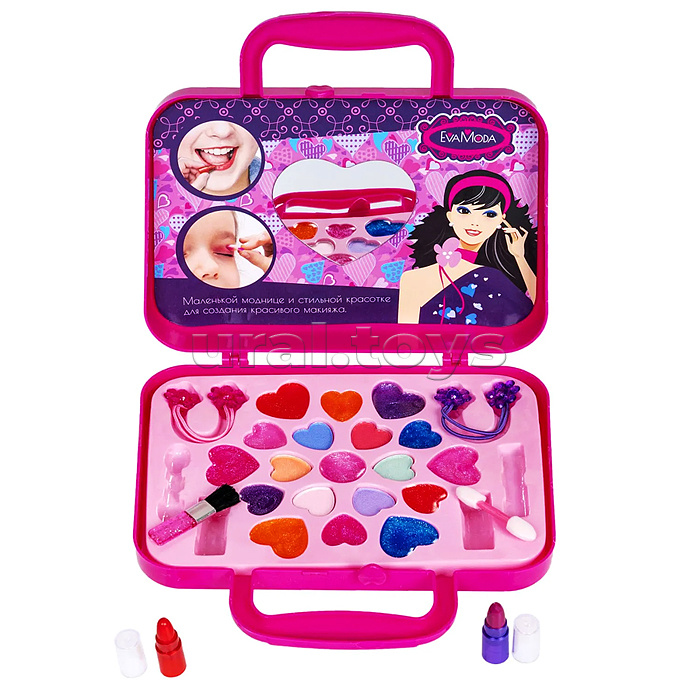 Набор детской декор. косметики Eva Moda, BOX 20х5,5х17,8см, косметичка-сумочка с бантиком, тени для век 7 оттенков (5,4г),помада 2 оттенка (1г), блеск для губ 12 оттенков (9,6г), аппликатор 1шт., кисточка 1шт., 2 резиночка для волос