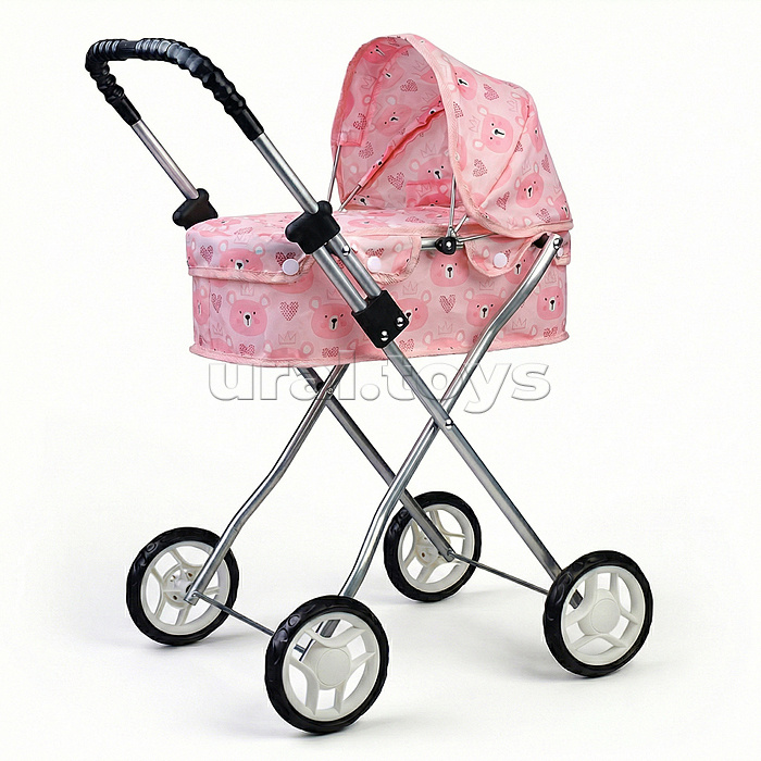Коляская кукольная прогулочная, металлическая, складная, принт мишки