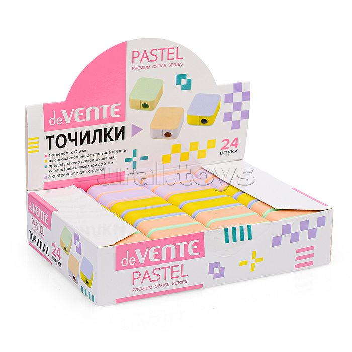 Точилка для карандашей "Pastel" 1 отверстие, с контейнером, пластмассовая, в картонной коробке, ассорти, индивидуальная маркировка