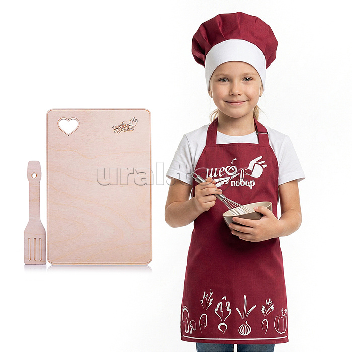 Набор "Шеф-повар" (фартук, колпак, доска, лопатка) бордовый