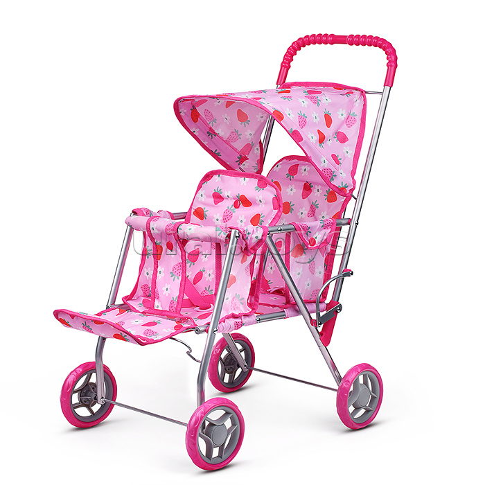 Коляска для кукол, для двойни, металлическая, складная, цвет клубнички на розовом