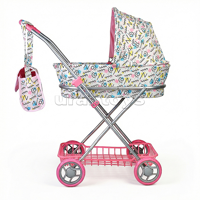 Коляская кукольная прогулочная, металлическая, складная, с корзиной и сумкой