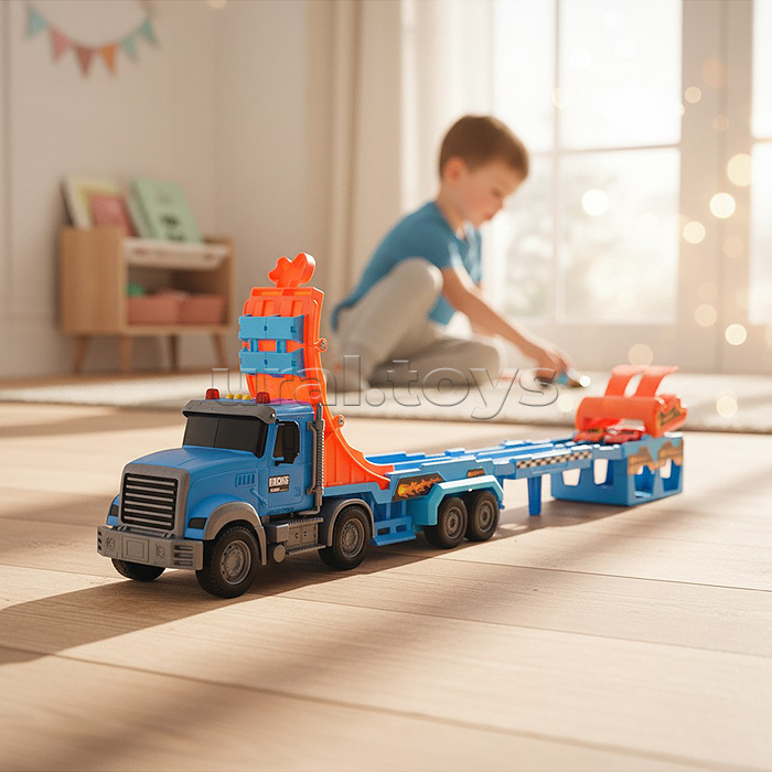 Машина "Трюковой Трак" (2 машины в комплекте, цвет синий, на батарейках) в коробке