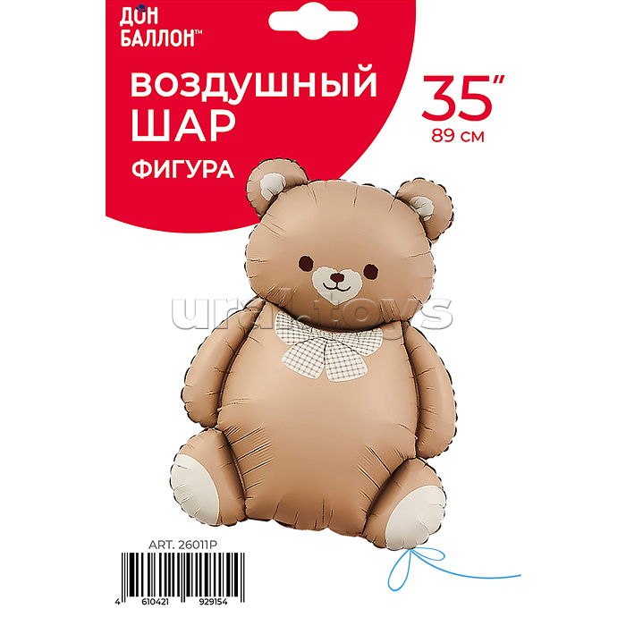 Шар (35''/89 см) Фигура, Мишка с бантом, Коричневый, Сатин, 1 шт. в уп.