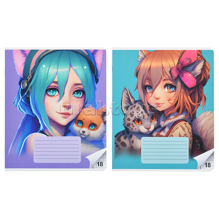 Набор Тетрадь Аниме Animal girls, формат А5, 18 листов с полями, 2 шт. клетка/линейка, на скрепке