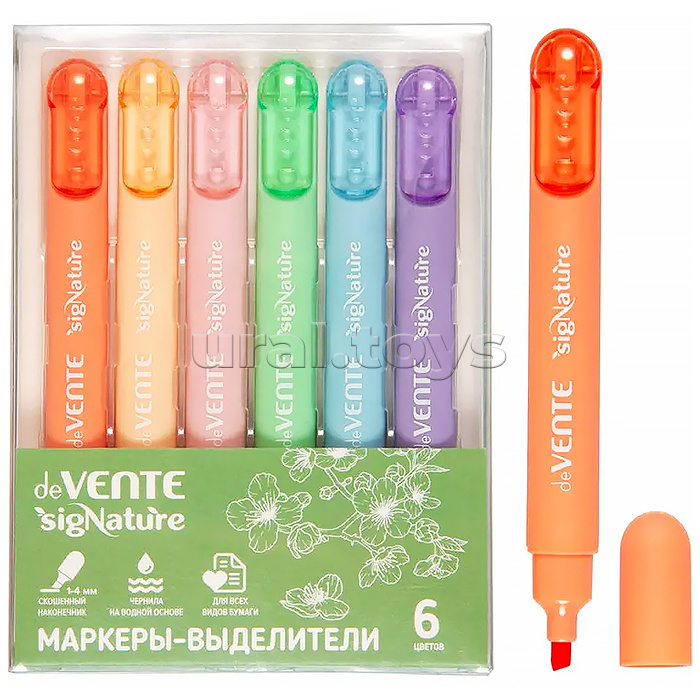 Набор маркеров-выделителей "SigNature" (6 цв) плоский корпус c клипом, скошенный наконечник, ширина линии 1-4 мм, в пластиковой коробке