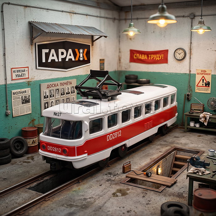 Трамвай (красный,пластиковый корпус) в коробке