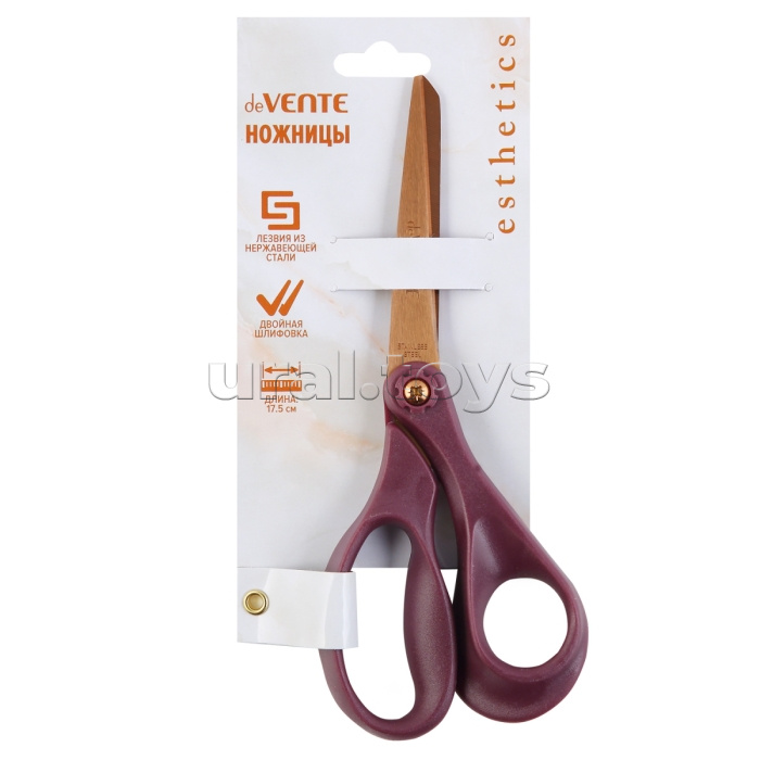 Ножницы канцелярские "Esthetics" 17,5 см, кольца эргономичной формы из пластика, цвет бургунди, лезвия из нержавеющей стали с титановым покрытием в цвете розовое золото, в картонном подвесе