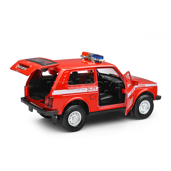 Модель пластик Гараж. LADA 4x4 Пожарная часть 20,5 см, ( крас.) в коробке
