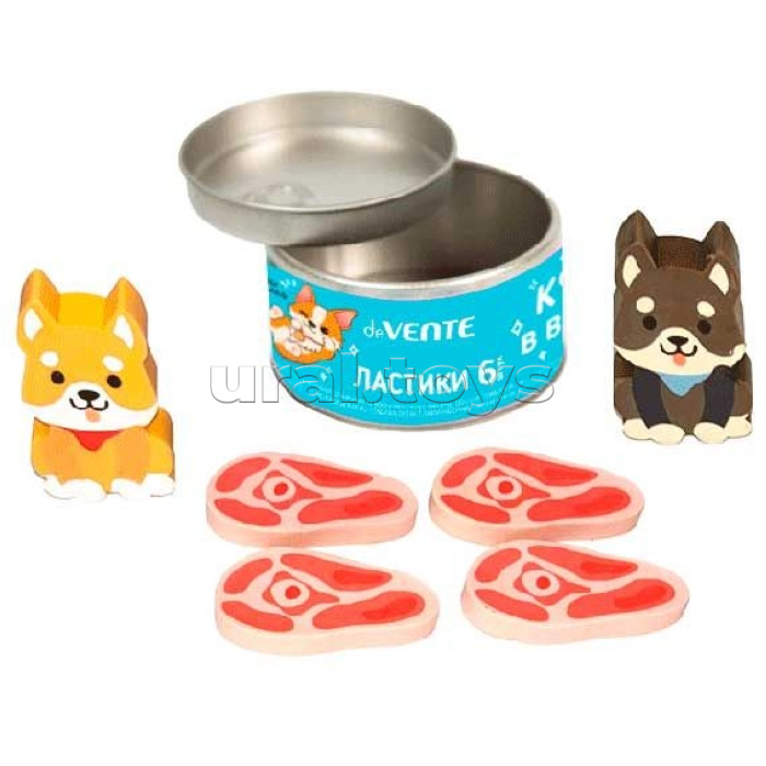 Набор ластиков "Happy Friends" 6 шт (2 щенка и 4 кусочка мяса) размер ластика в форме щенка 42x22x7 мм, размер ластика в форме кусочка мяса 40x21x5 мм, в жестяной баночке со штрих кодом