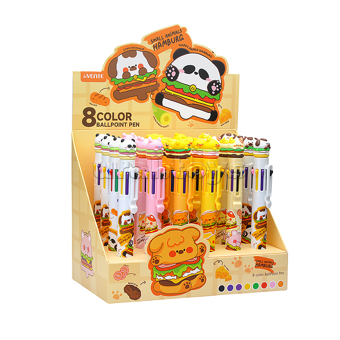 Ручка шариковая автоматическая 8 в 1 подарочная "Cute Hamburger" с декоративным элементом, d=0,7 мм, 8-ми цветная, ультра гладкое письмо, чернила на масляной основе, сменный стержень, индивидуальная маркировка