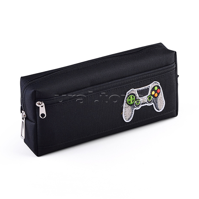 Пенал "Game Time" 200x85x45 мм, плотный износостойкий полиэстер с водоотталкивающей пропиткой, прямоугольный формы для 50 предметов на молнии, наружный объемный карман на молнии, аппликация вышивка, черный