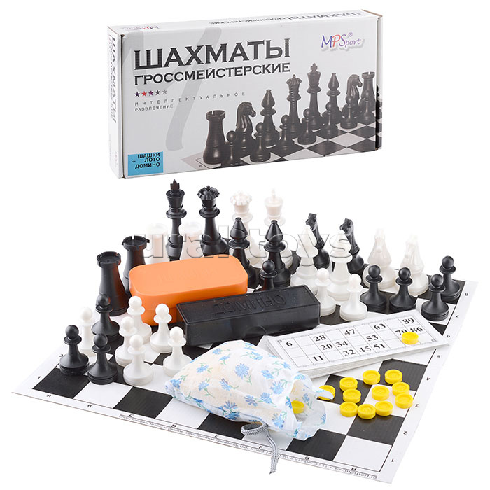 Набор игр "Интеллект" 4 в 1  шахматы гроссмейстерские, лото,шашки, домино (пластик) шахматное поле.